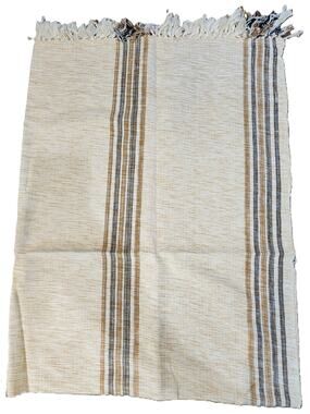 Mid-Century Modern Linen Tablecloth 41" x 56" Beige w/Brown Stripes Tasseled